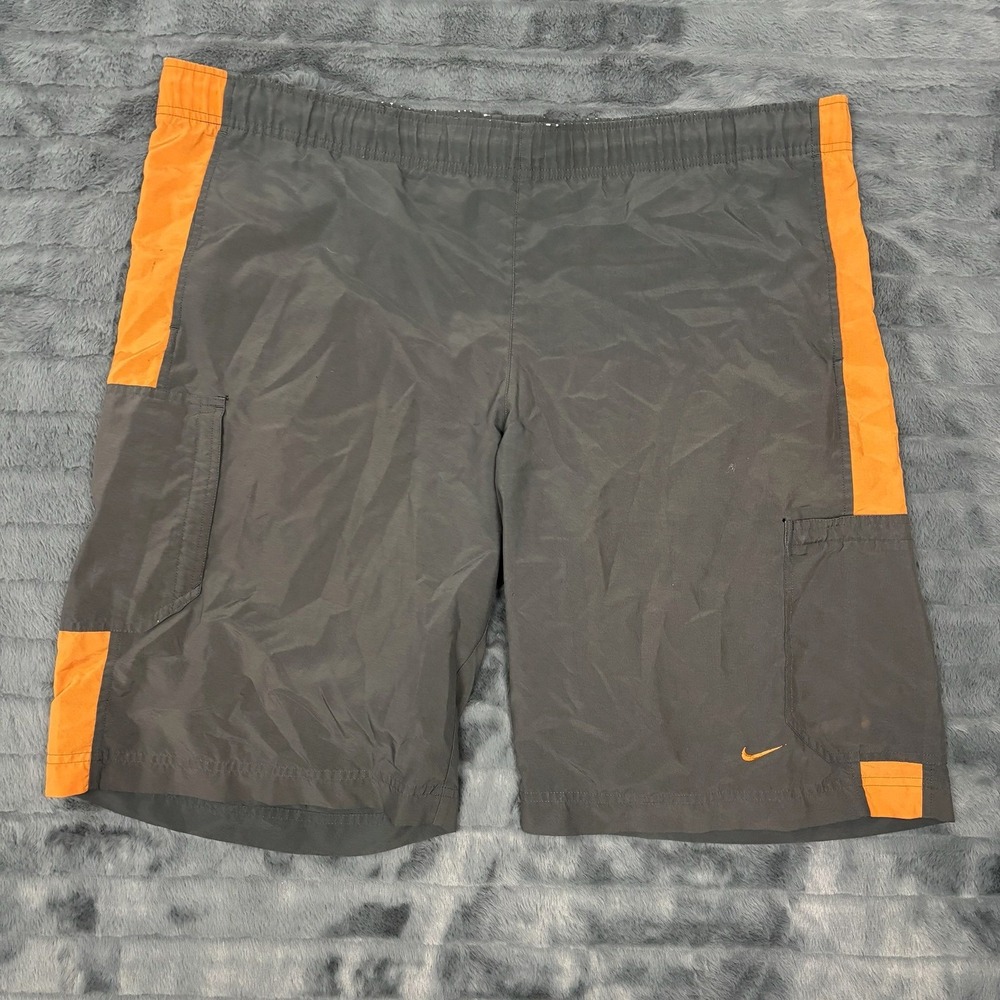 Nike Mens XXL Gray Orange Athletic Cargo Shorts Elastic Waist Swoosh Logo